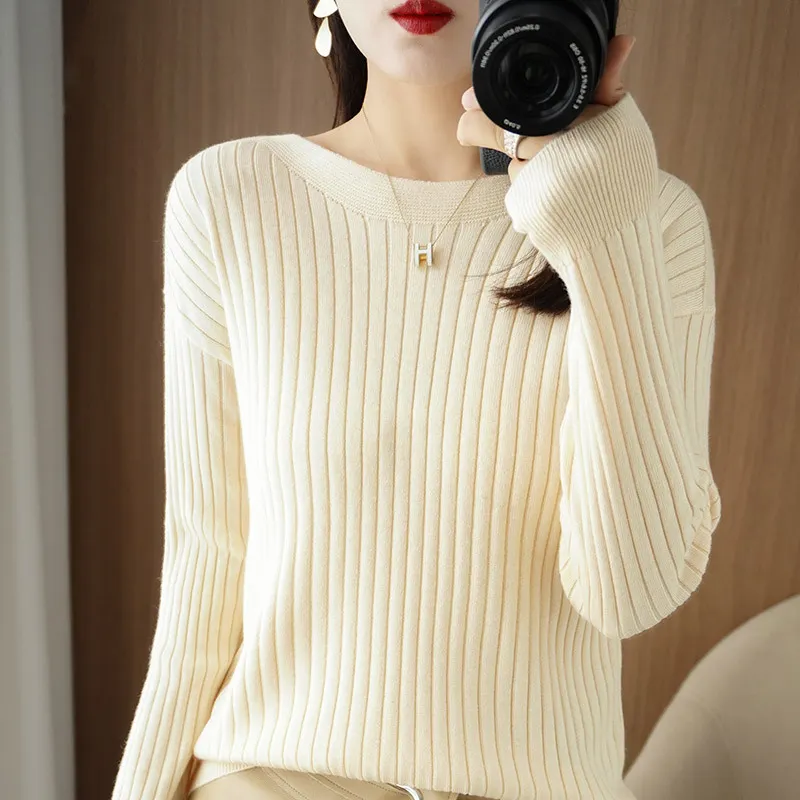 Churchf Churchf Round Collar Knit Women's Thin Early Spring And Autumn With A Sweater Long-Sleeve T-Shirt Wool Undershirt Loose.