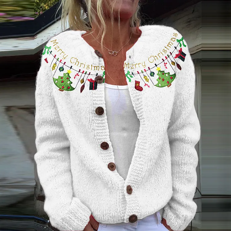 Vintage Christmas Tree Embroidery Knitted Cardigan Sweater