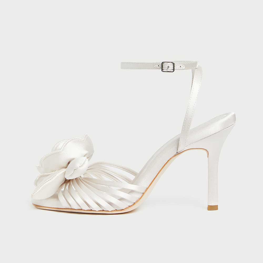 White Satin Flower Heels Open Square Toe Ankle Strap Wedding Shoes