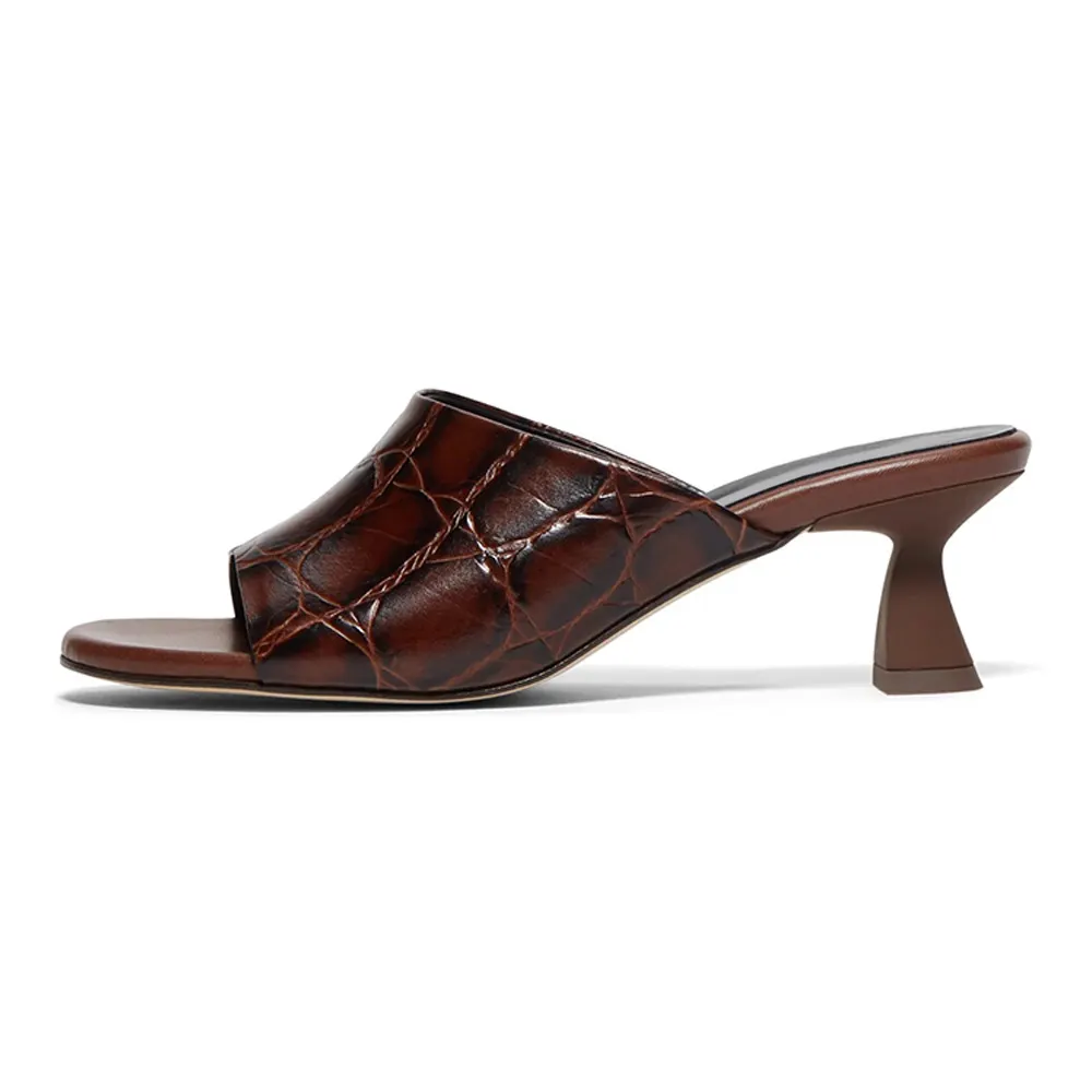 Brown Embossed Round Toe Wide Strap Mid Flared Heeled Mules