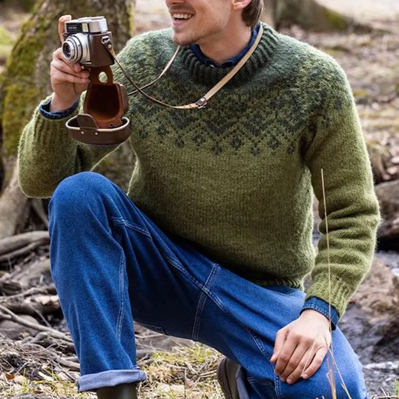 Vintage Knit Jacquard Icelandic Crew Neck Sweater（Unisex）