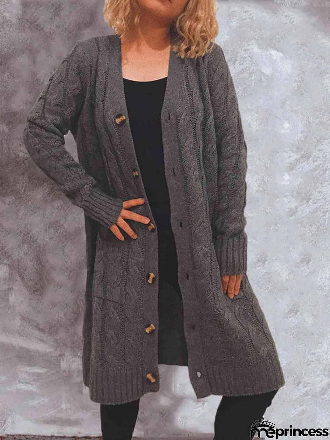 Button Up Cable-Knit Cardigan with Pockets