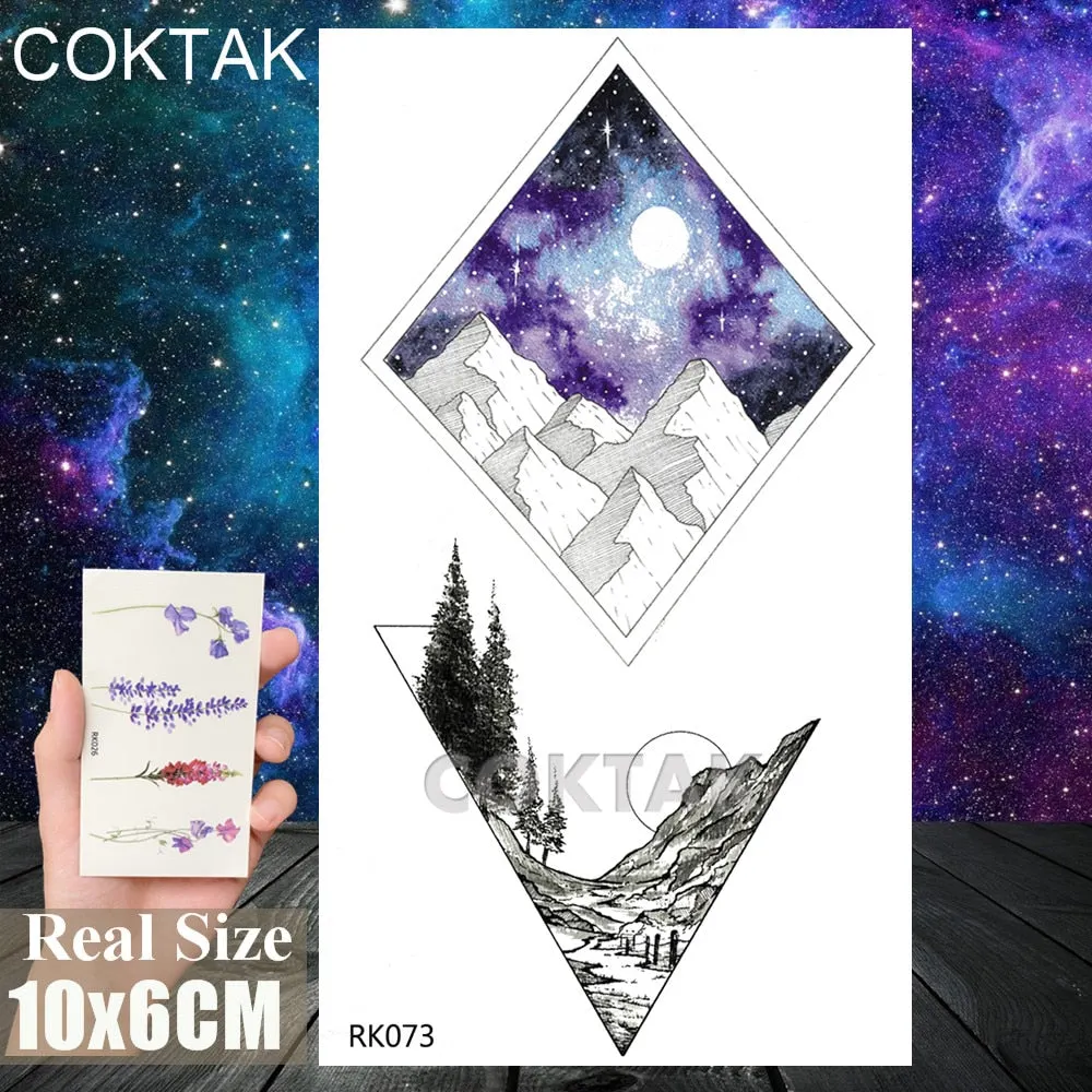 Geometry Pine Tree Temporary Tattoos Sticker Black Mountain Moon Water Transfer Tattoo For Men Body Art Washable Beauty Tatoos