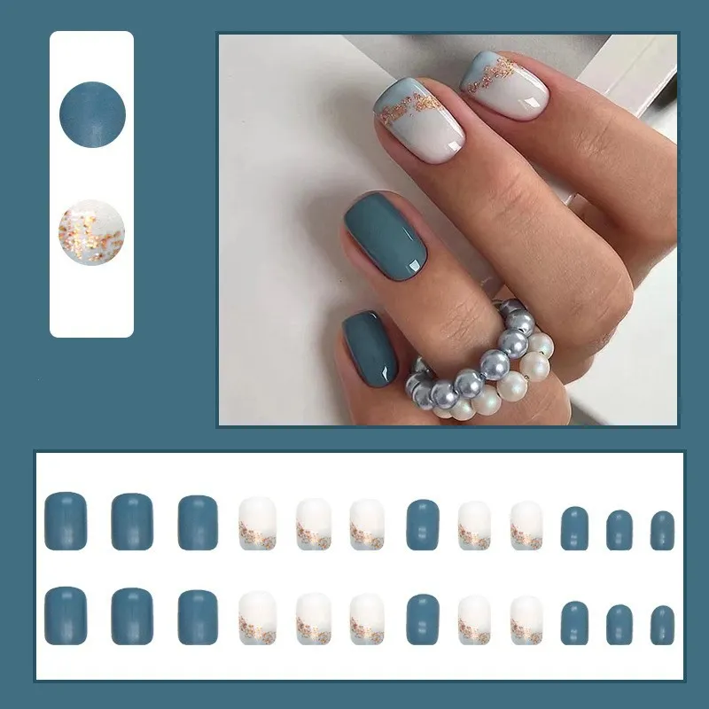 Churchf Navy Blue Pure Color Square Short Fake Nail Wear A 24-Piece Box Patch Nail