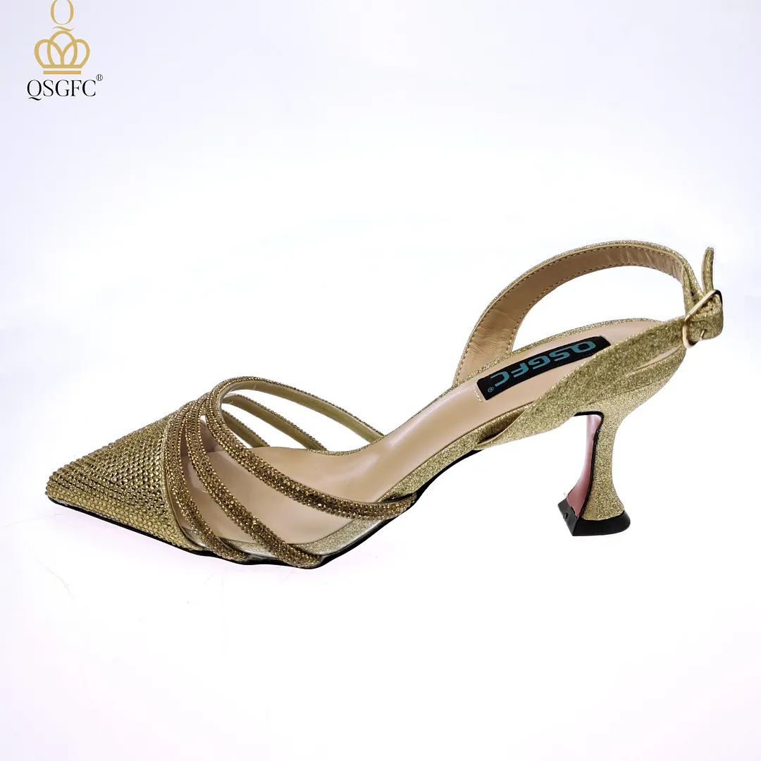 QSGFC2022 Fashion Shiny Full Diamond Decoration In Nigeria Elegant Orange Color Ladies Shoes and Bag For Party Wedding