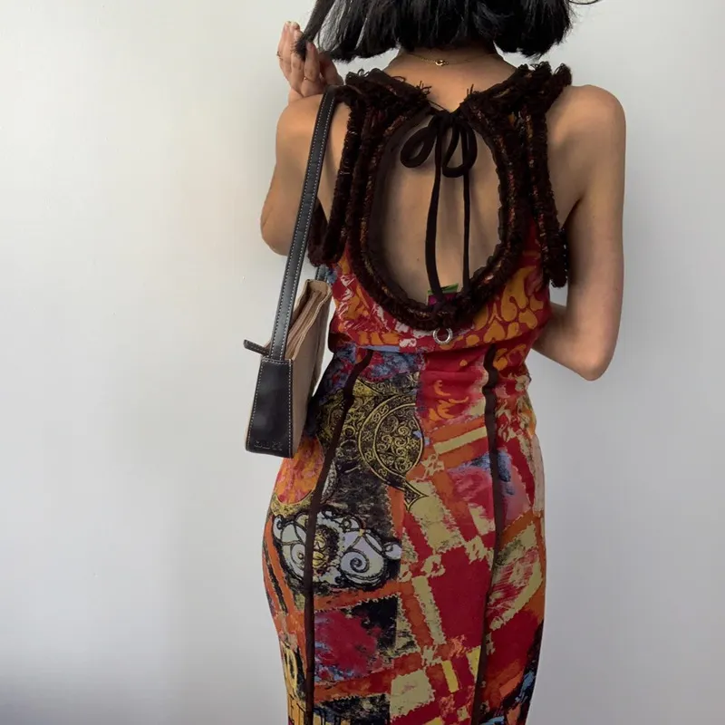 Uveng Uveng Ins Women's Summer 2023 New Fashion Vintage Tie-Dye Print Sexy U-Neck Slim Dress Long Dress