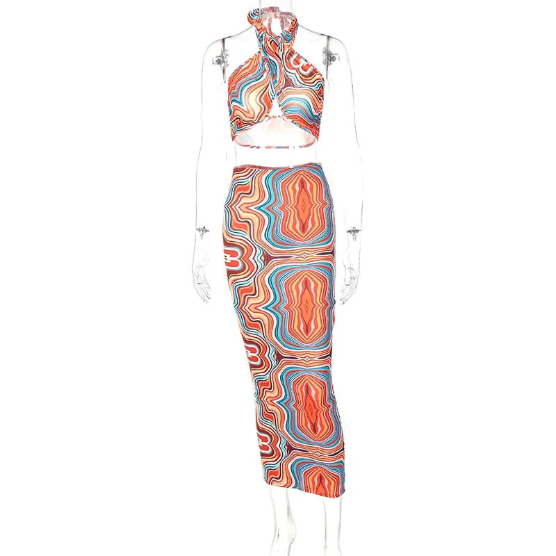Hugcitar 2021 Paisley Print Sleeveless Halter Sexy Top Maxi Dress Sets Backless Bodycon Sexy Party Elegant Club Y2K Robe Outfits
