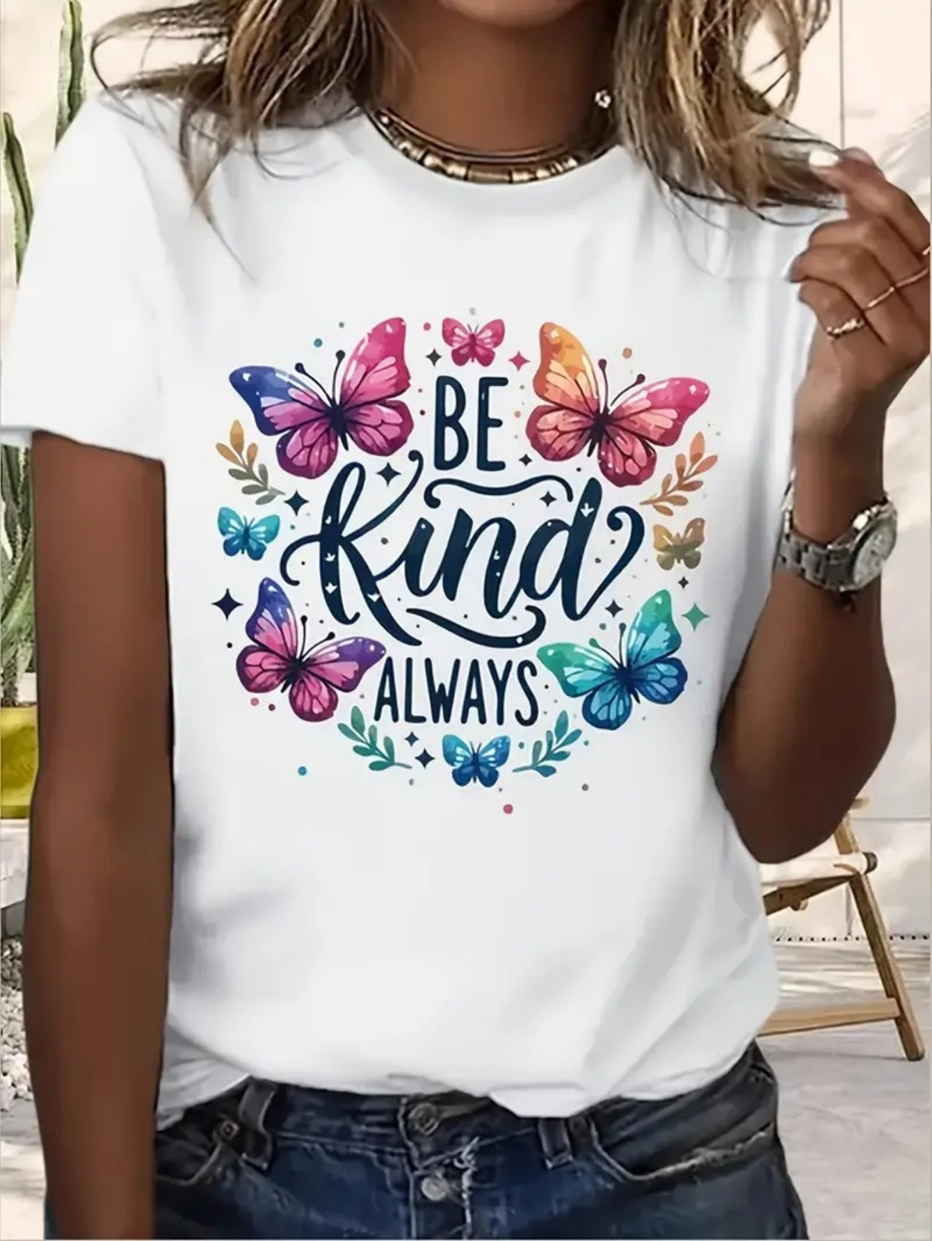 Women's Anime Print Cotton T-Shirt - "Be Kind Always" Inspirational Quote With Colorful Butterflies, Soft Breathable Round Neck Short Sleeve Tee For Casual Summer Party Wear, Machine Washable, Playful Graphic Shirt, Comfortable Fit Shirt | IFYHOME