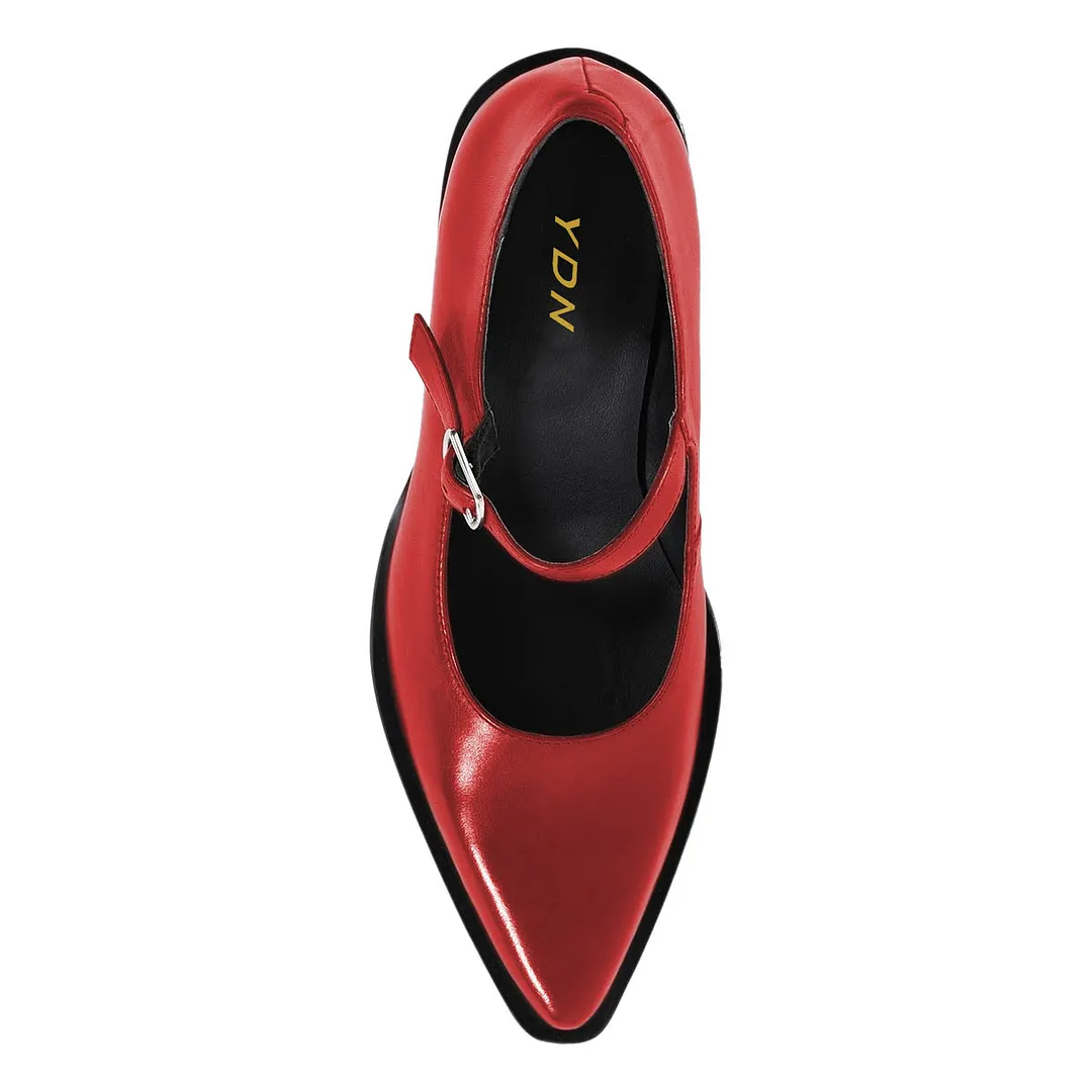 Red Vegan Leather Pointed Toe Chunky Heeled Mary Janes with Buckle