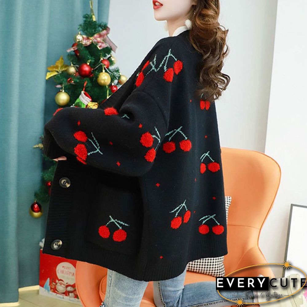 VANGULL Brand Women Fruit Printting Knitted Sweater Cardigans Single Breasted Long Sleeve Korean Style Loose Sweater Tops