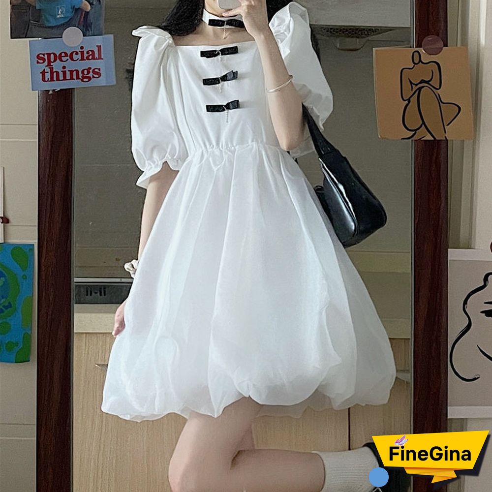 Fashion Lolita Style White Dress Women Summer Japanese Puff Sleeve Elegant Vestidos Vintage Square Collar A-Line Mini Dress New