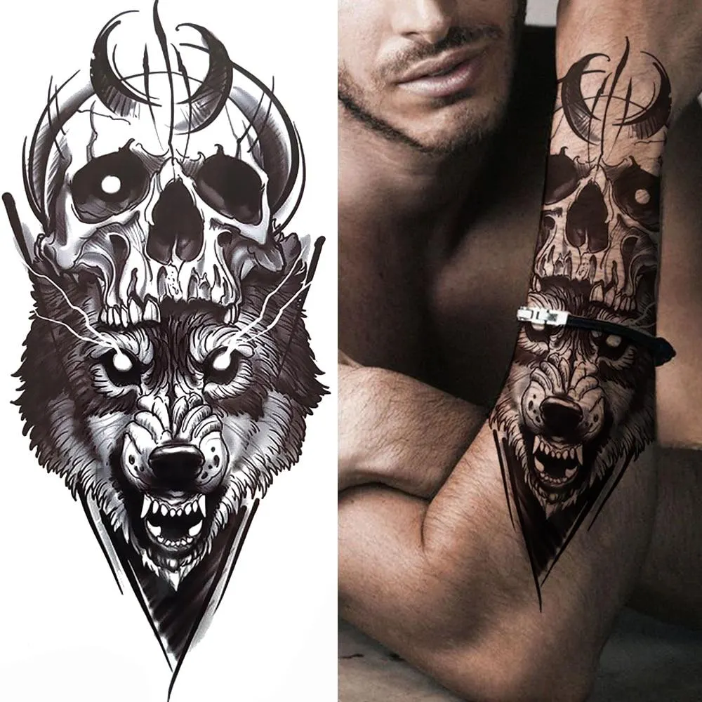 Sexy Rose Lion Flower Temporary Tattoos For Women Men Kids Boys Realistic Fake Wolf Tattoo Sticker Black Cross Compass Tatoos 1108