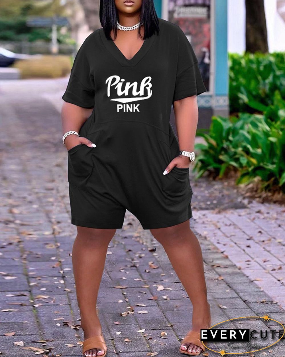 Pocket Design Letter Print Short Sleeve Romper