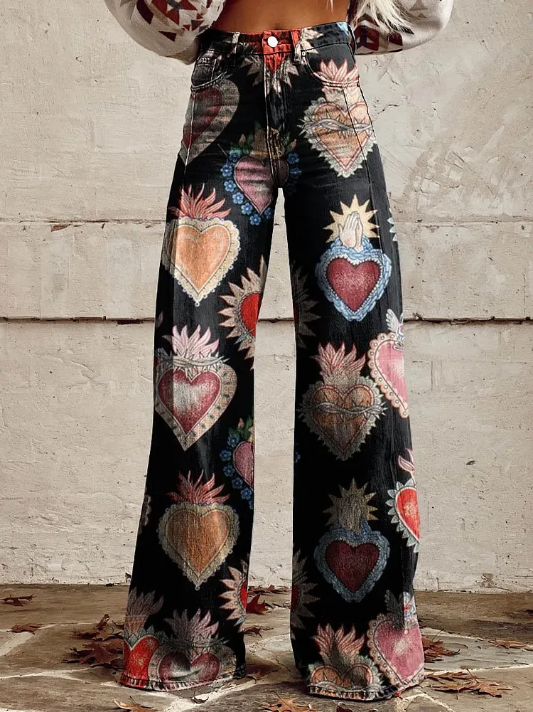 Women's Black Heart Print Casual Wide Leg Pants