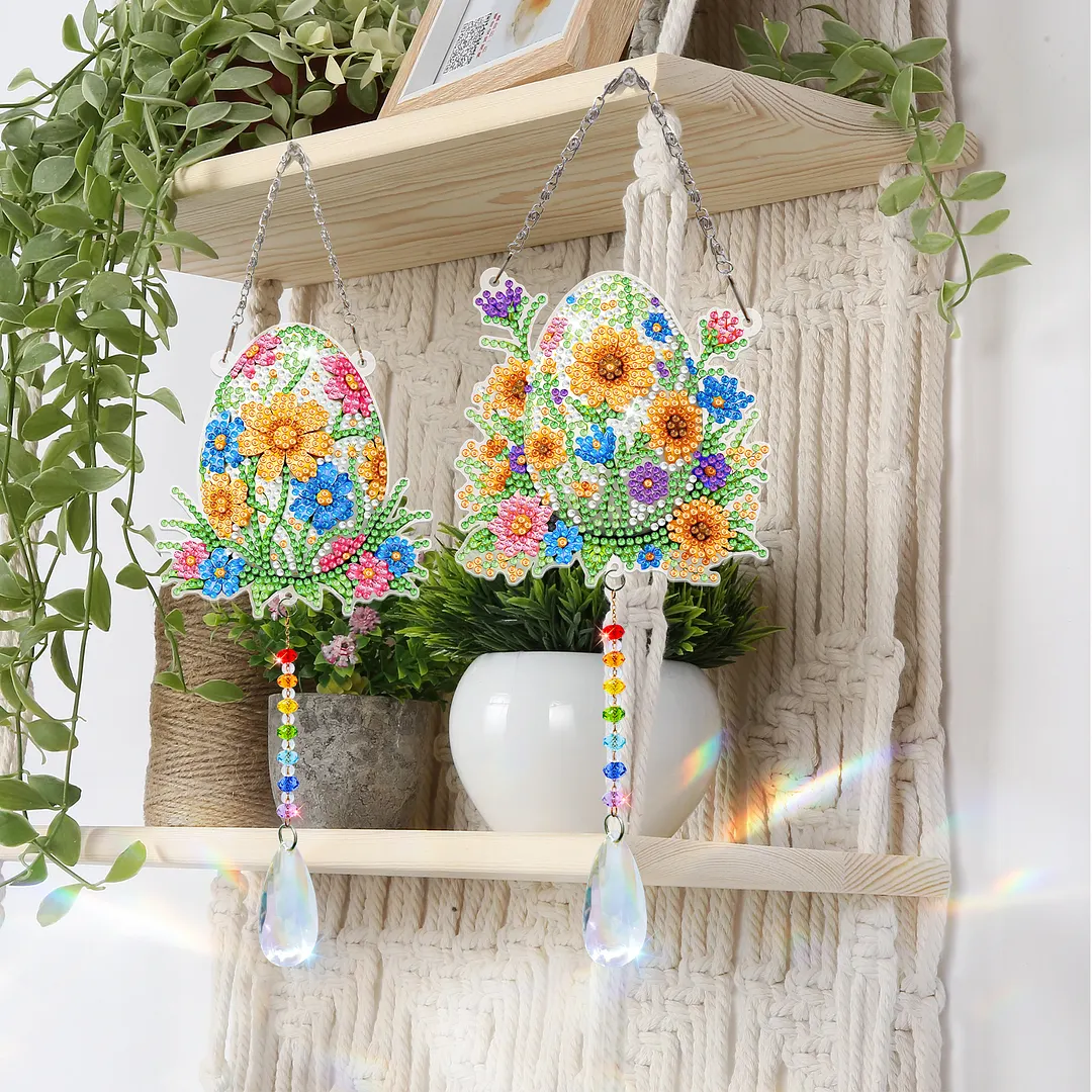 2Pcs Flower Easter Egg DIY Acrylic Diamond Painting Art Wind Chimes with Crystal Pendant Diamond Art Hanging Pendant Double-Sided for Adults Beginners Gift Home Garden Decor