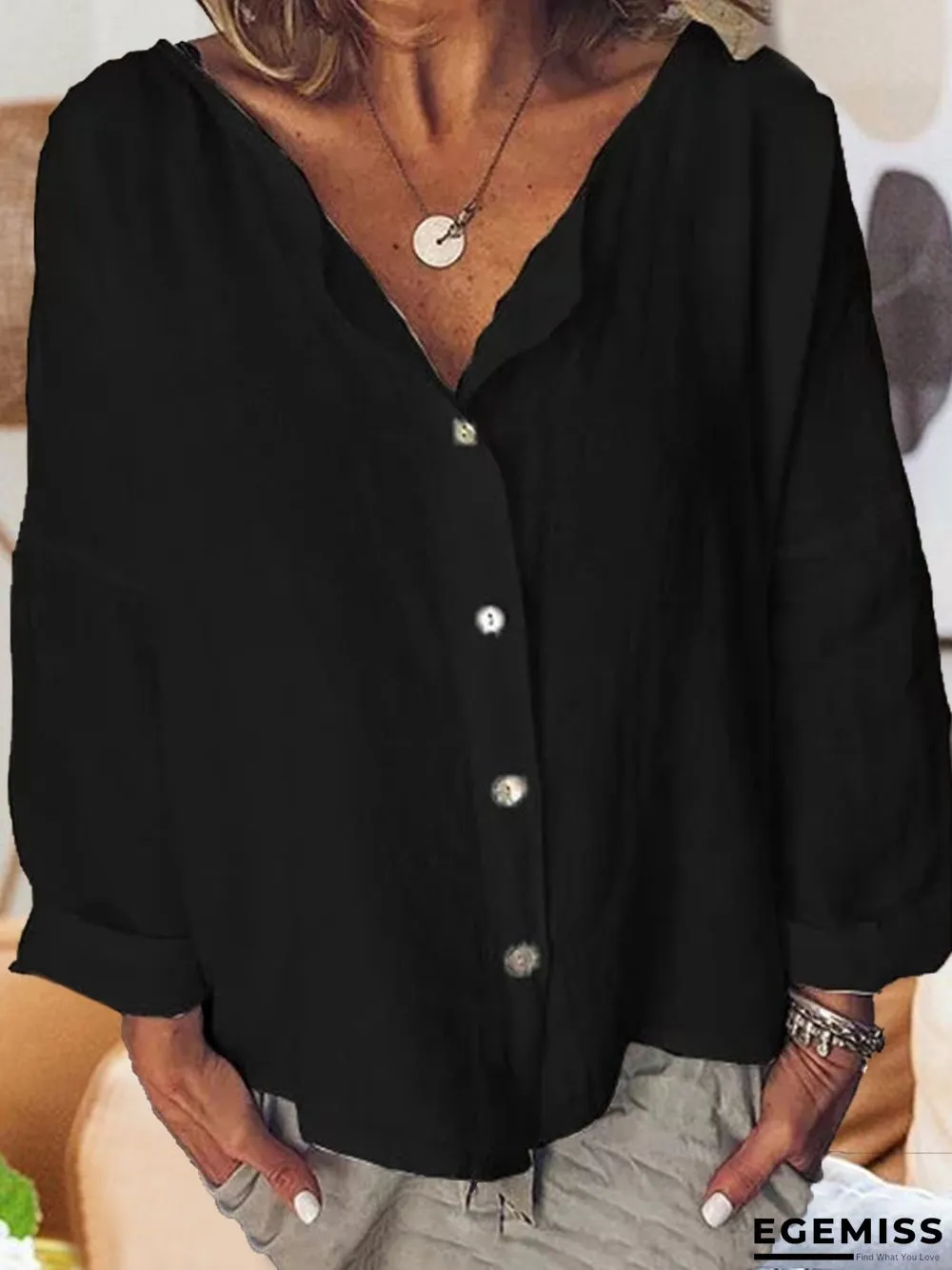 Long Sleeve Solid Shirts Plus Size Blouses Linen | EGEMISS