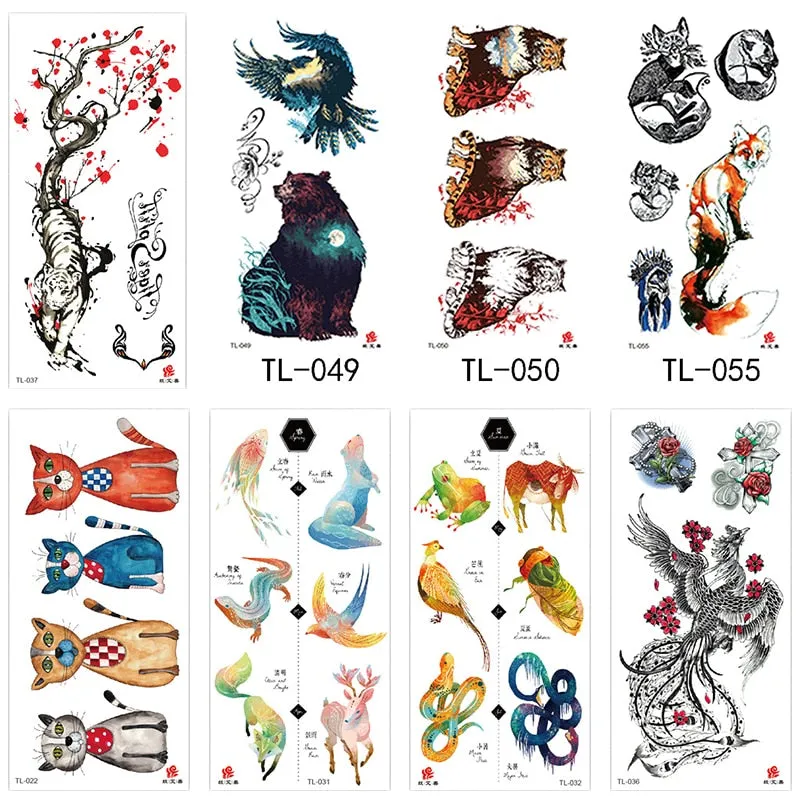 1~8 pieces of animal plants wolf bear bird art tattoo stickers disposable waterproof temporary tattoo stickers for men and women