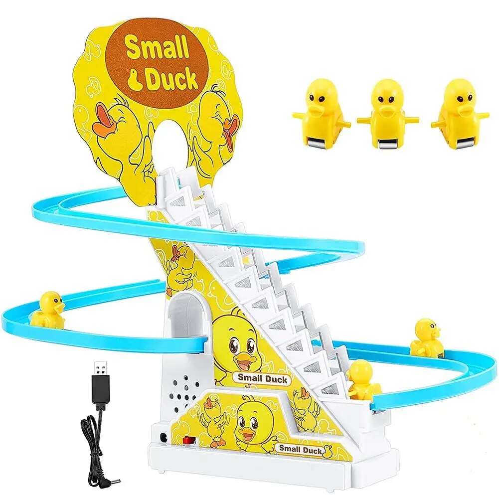 Little Yellow Duck Climb Stairs Toy Electric Track Slide Stairs Roller Coaster Toy With Led Lights Interactive Music