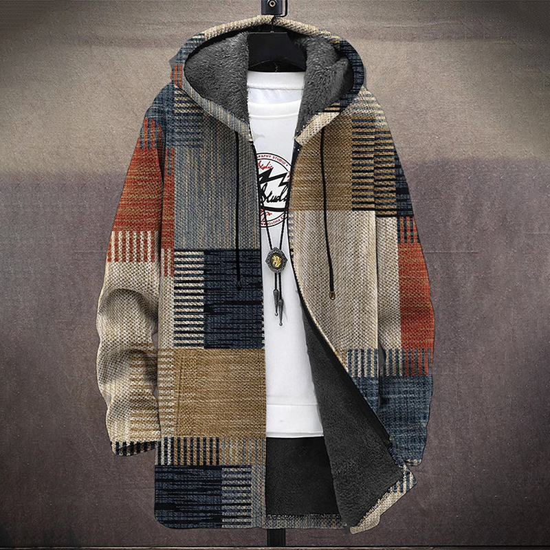 Men'S Retro Color Block Print Long Sleeve Cardigan Jacket