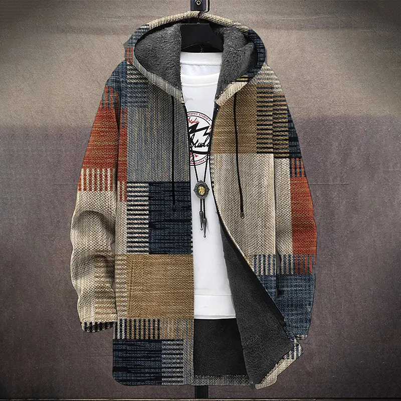 Men'S Retro Color Block Print Long Sleeve Cardigan Jacket