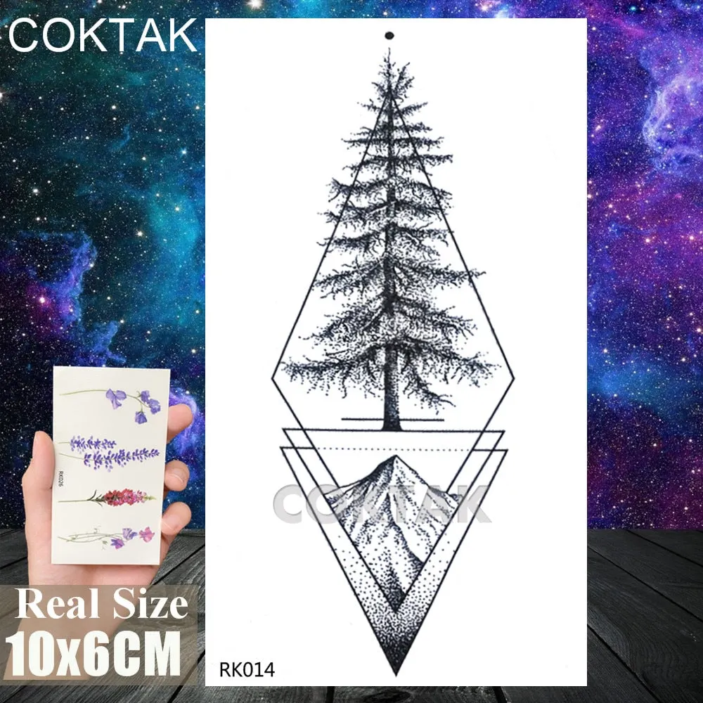 Geometry Pine Tree Temporary Tattoos Sticker Black Mountain Moon Water Transfer Tattoo For Men Body Art Washable Beauty Tatoos