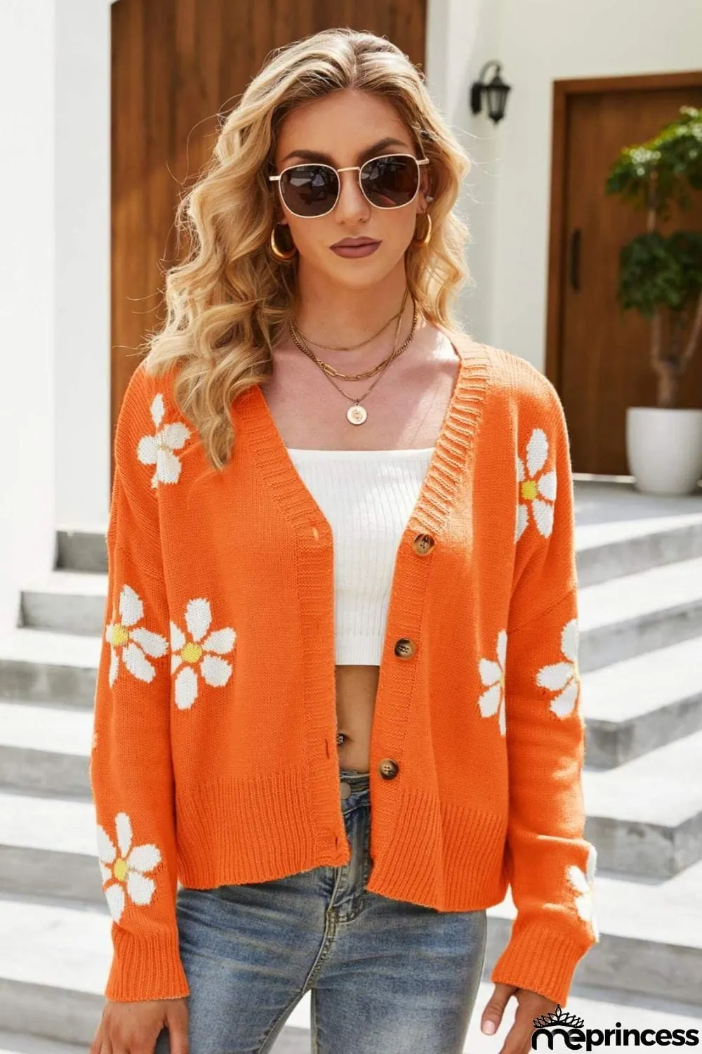 Floral Ribbed Trim Drop Shoulder Cardigan
