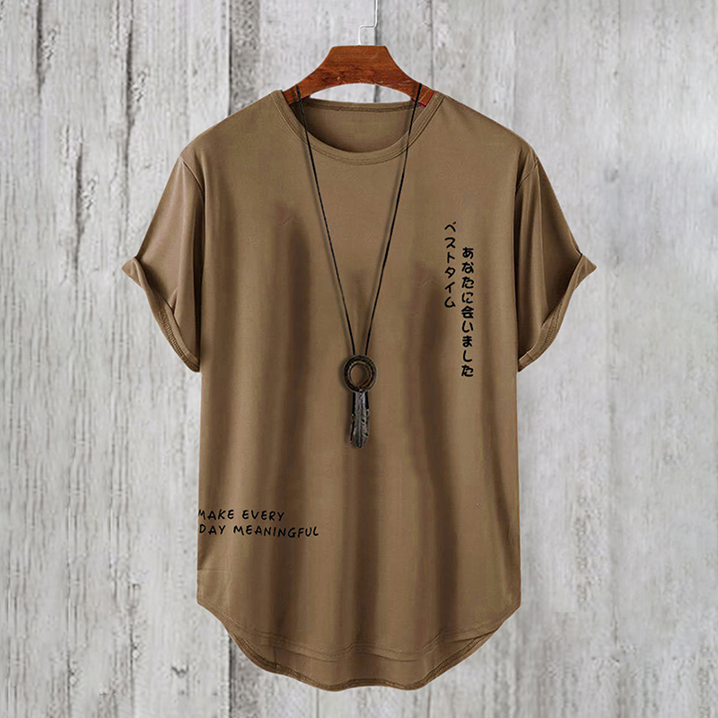 Japanese Letter Print Curved Hem Casual Short Sleeve T-Shirts  artssus