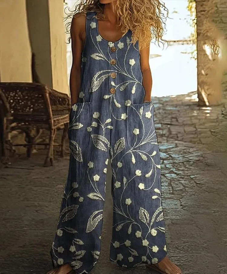 Women's Casual Retro Floral Art Print Jumpsuit