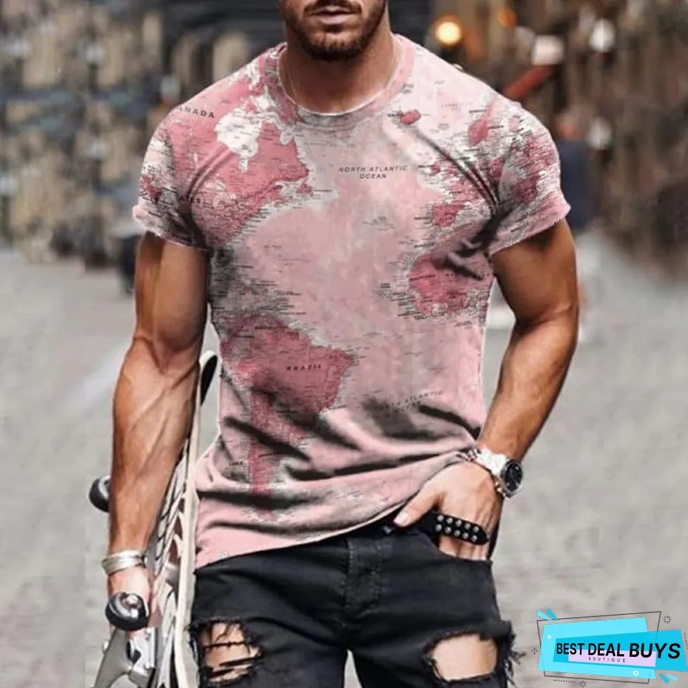 Trendy Men's Round Neck Slim Fit T-Shirt Personalized Map Print Short Sleeve