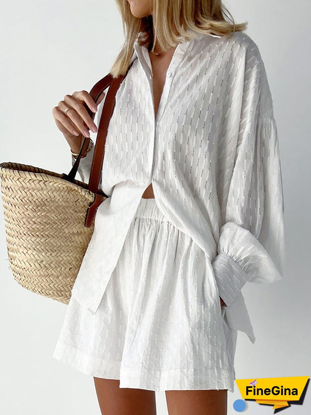 Women'S Sets Jacquard Long Sleeve Shirt & Shorts Two Piece Set