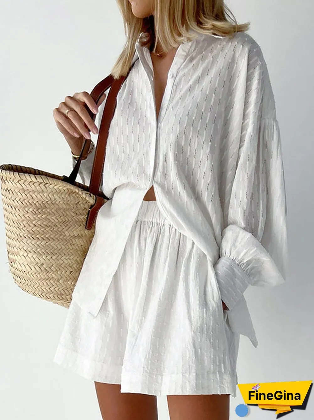 Women'S Sets Jacquard Long Sleeve Shirt & Shorts Two Piece Set