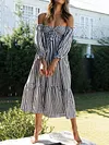 Fashion Plaid Bandeau Bandage Off-The-Shoulder Long Sleeves Midi Dress