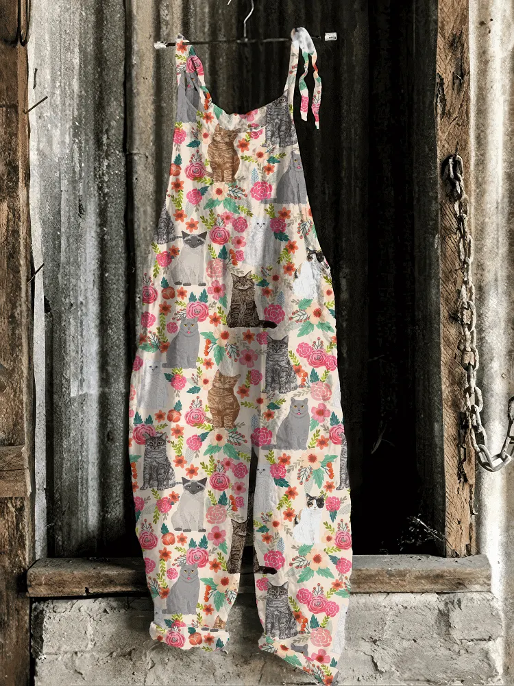Cute Cat And Floral Pattern Casual Jumpsuit