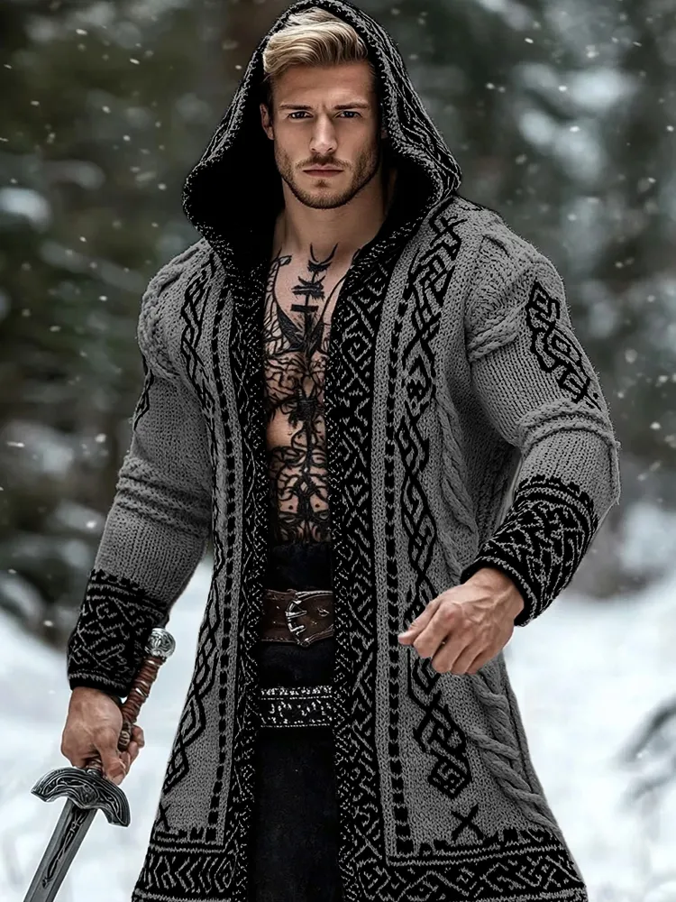 Men's Viking Tribal Pattern Jacquard Celtic Cozy Cardigan Sweater