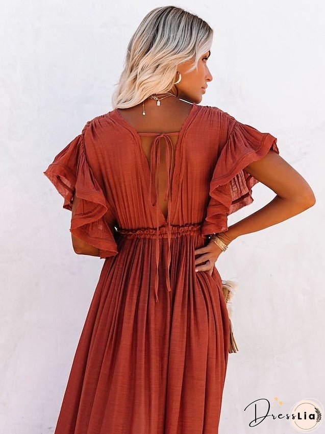 Swing Dress Maxi long Dress Green Orange Rust Red White Black Backless Short Sleeve Solid Color Summer Spring V Neck Boho Beach Loose One-Size for Women