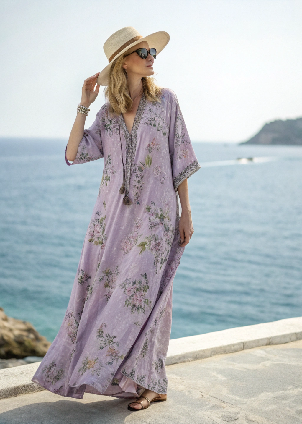 Contton & Linen Long Sleeve Kaftan Maxi Dress