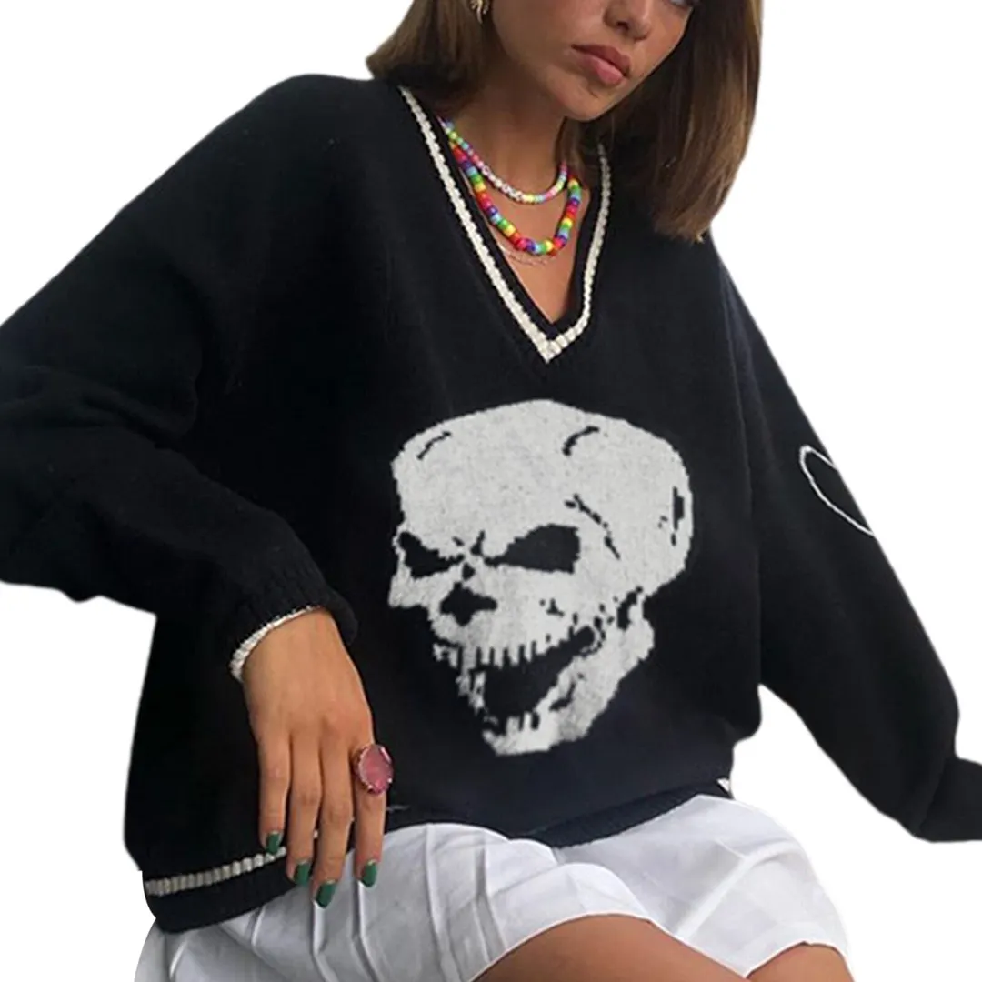 Gothic V-neck Sweater Loose Long Sleeve Shopping Daily Knitwear Women Skull Demon Print Pullover Fashion Y2K Jumper Streetwear