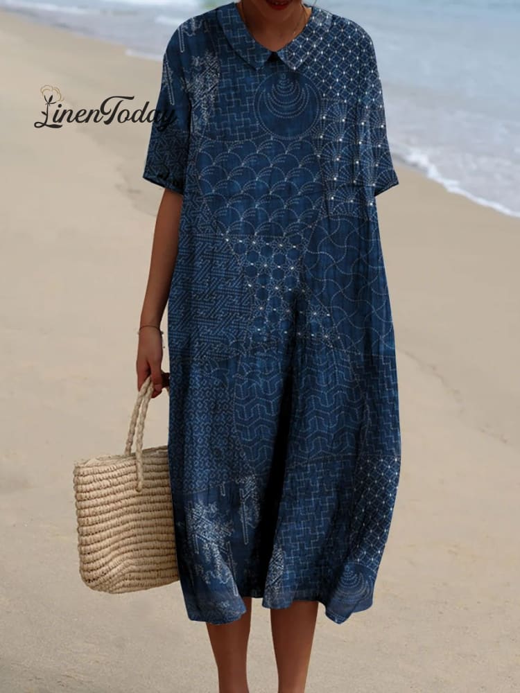 Women&rsquo;s Japanese Art Print Cotton And Linen Dress Blue / S