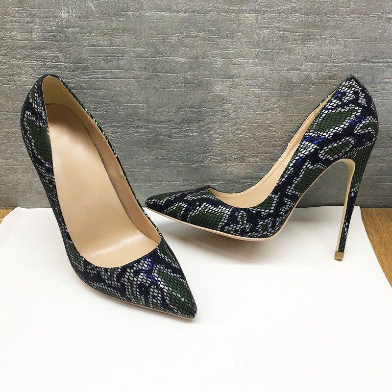GOOSHOE Black 12cm High Heels Snake Pattern Shoes Patent PU Leather 10cm High Shoes
