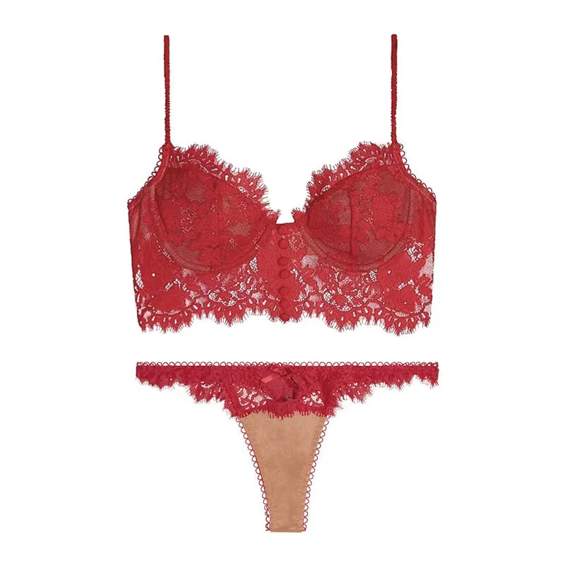 Sexy Lingerie Women Underwear Eyelash Lace Bralette Push Up Brassiere Pink Secret Bra Sensual Erotic Lingerie Bra and Panty Set