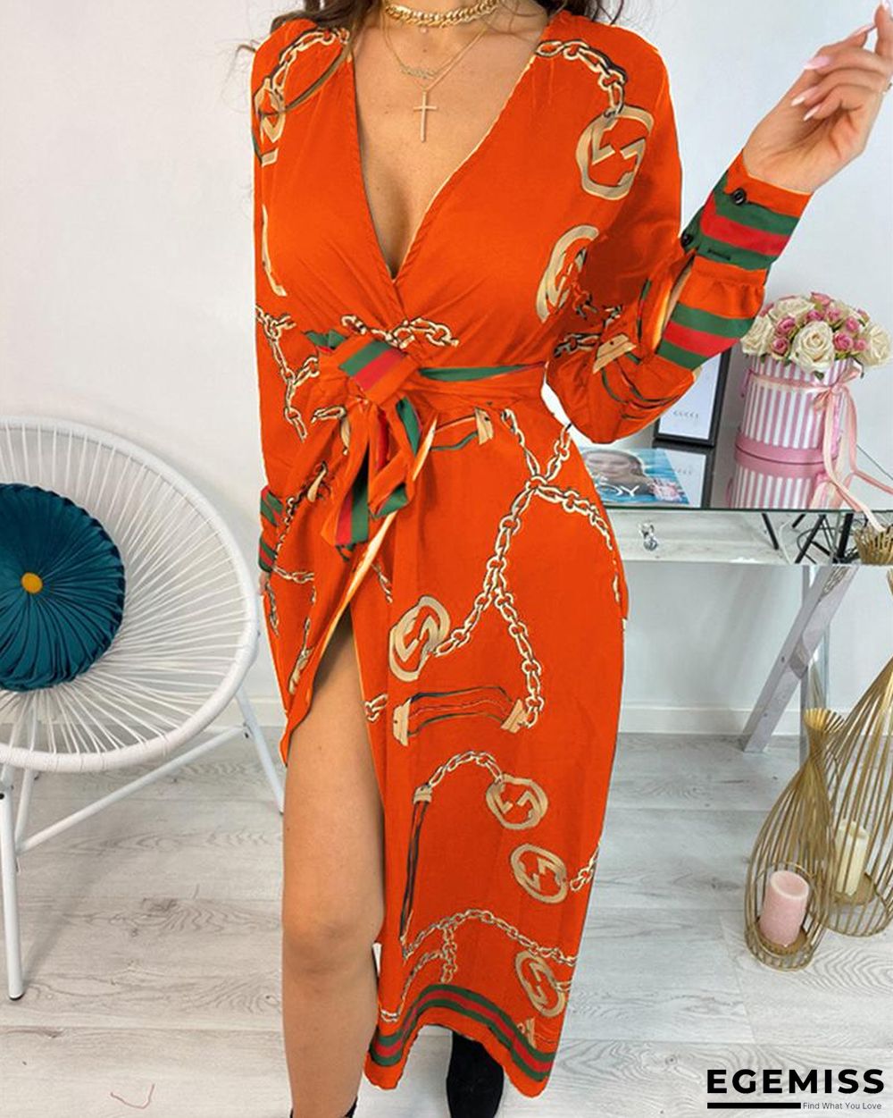 Long Sleeve Chain Baroque Print Dress Black Dresses | EGEMISS