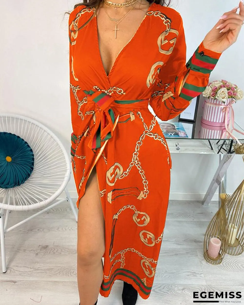 Long Sleeve Chain Baroque Print Dress Black Dresses | EGEMISS
