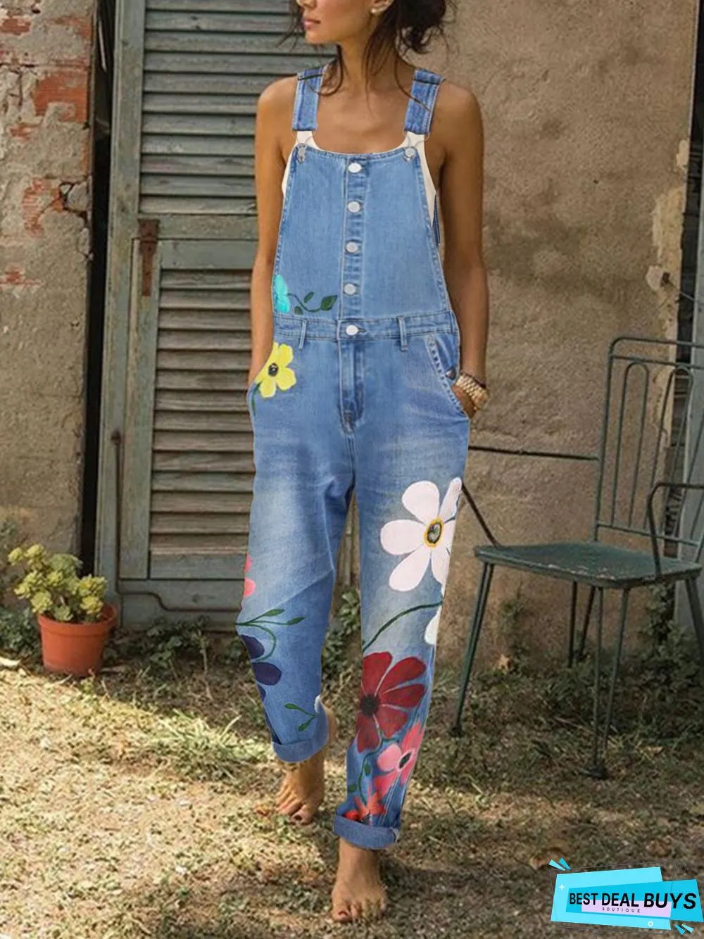 Sleeveless Denim Floral Floral-Print One-Pieces