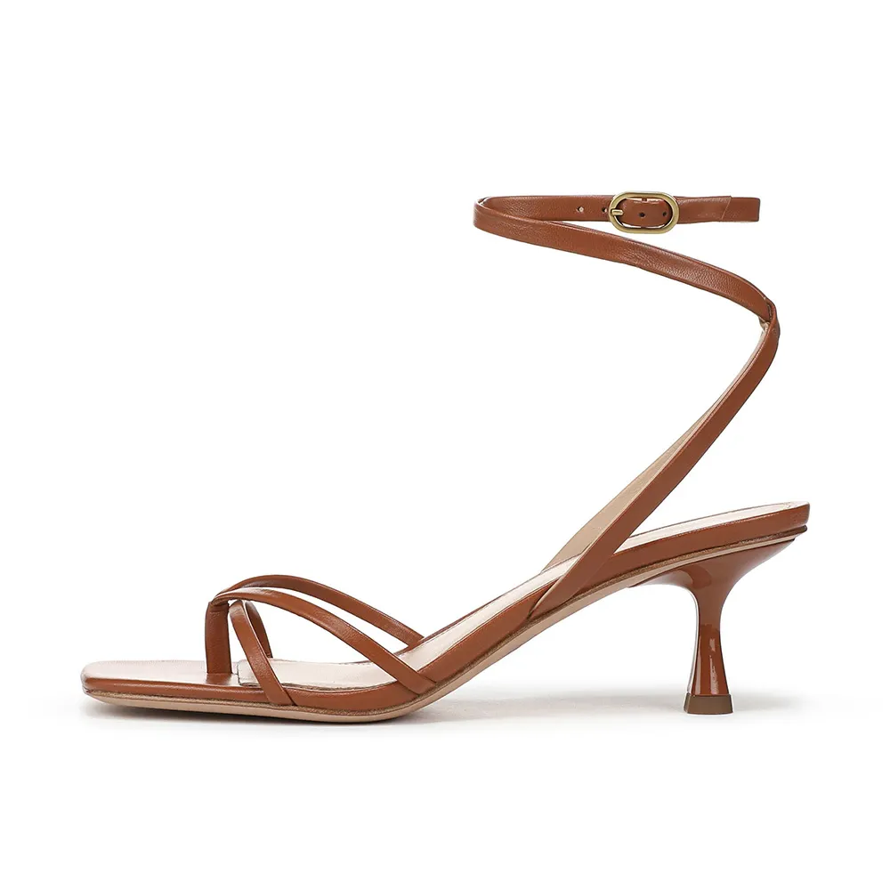 Brown Vegan Leather Ankle Strap Open Toe Flared Heeled Sandals
