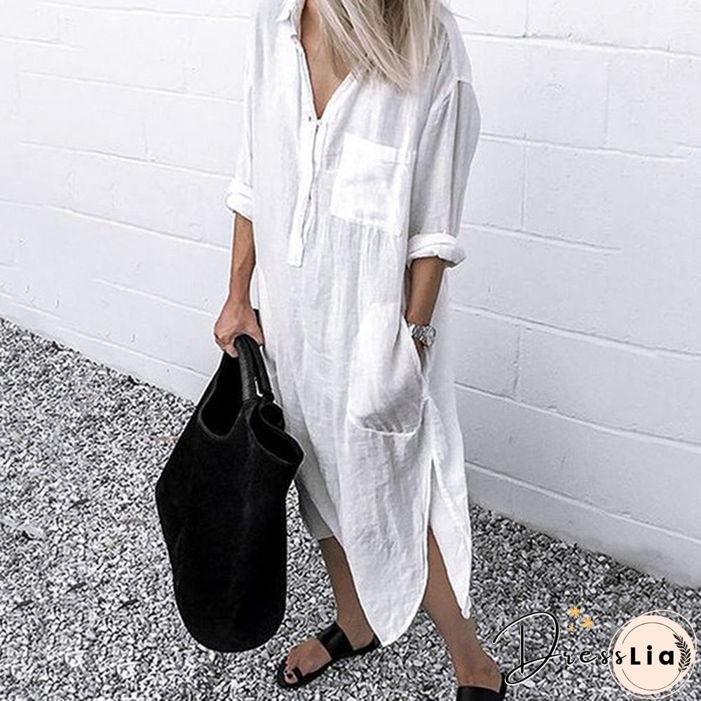 S-5XL Women Side Slit Cotton Long Dress Spring Solid Color Long Shirt Dress Kaftan Dress