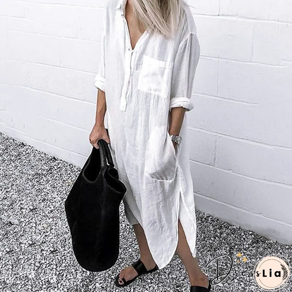 S-5XL Women Side Slit Cotton Long Dress Spring Solid Color Long Shirt Dress Kaftan Dress