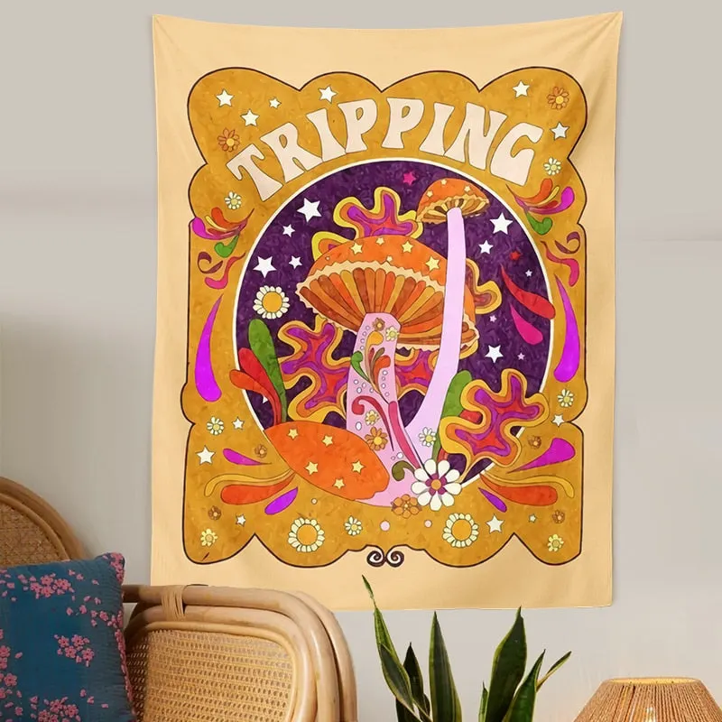 Retro 70s 60s Mushroom Tapestry Vintage Mushroom Psychedelic tripping Botanical INS Trippy Tapestry Hippie Wall Art Decor