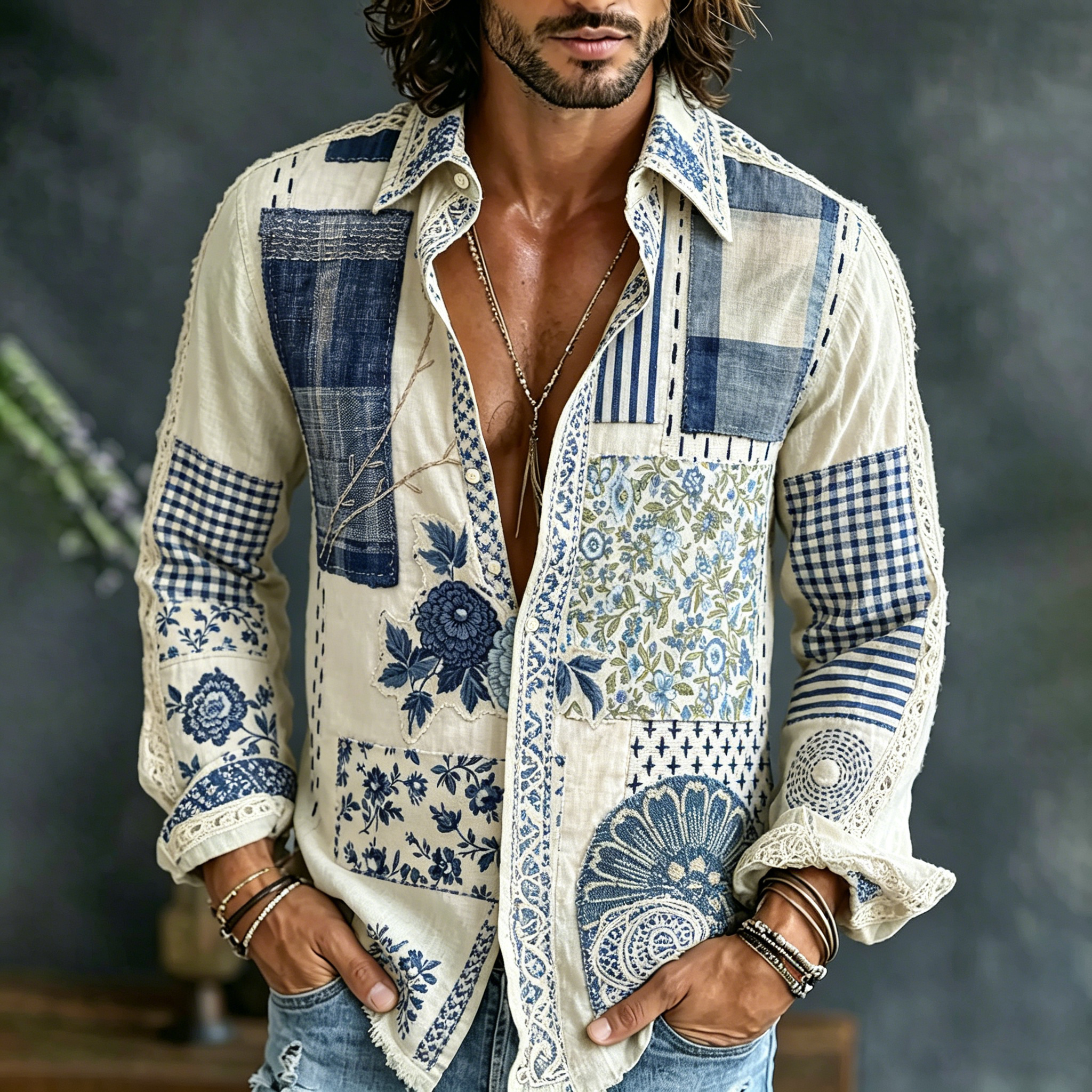 Men's Vintage Texture Embroidered Art Print Flowy Linen Blend Shirt  artssus