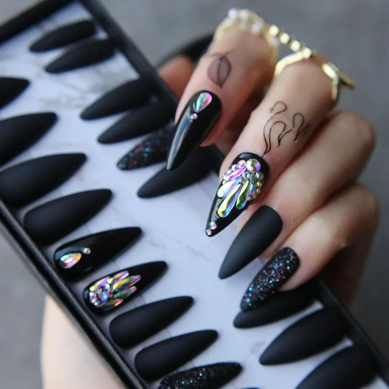 Handmade nude coffin reusable Press on nails box 24pcs Acrylic nails crystal nails bling Microdrill glitter Ballet fasle nails-Nail Inspo
