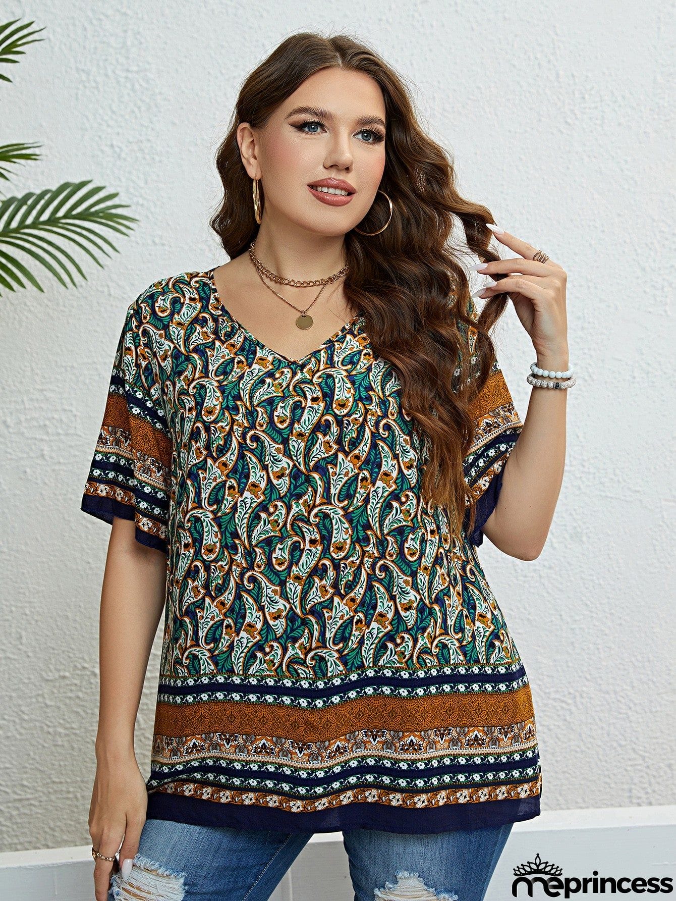 Bohemian Printed V-Neck Blouse